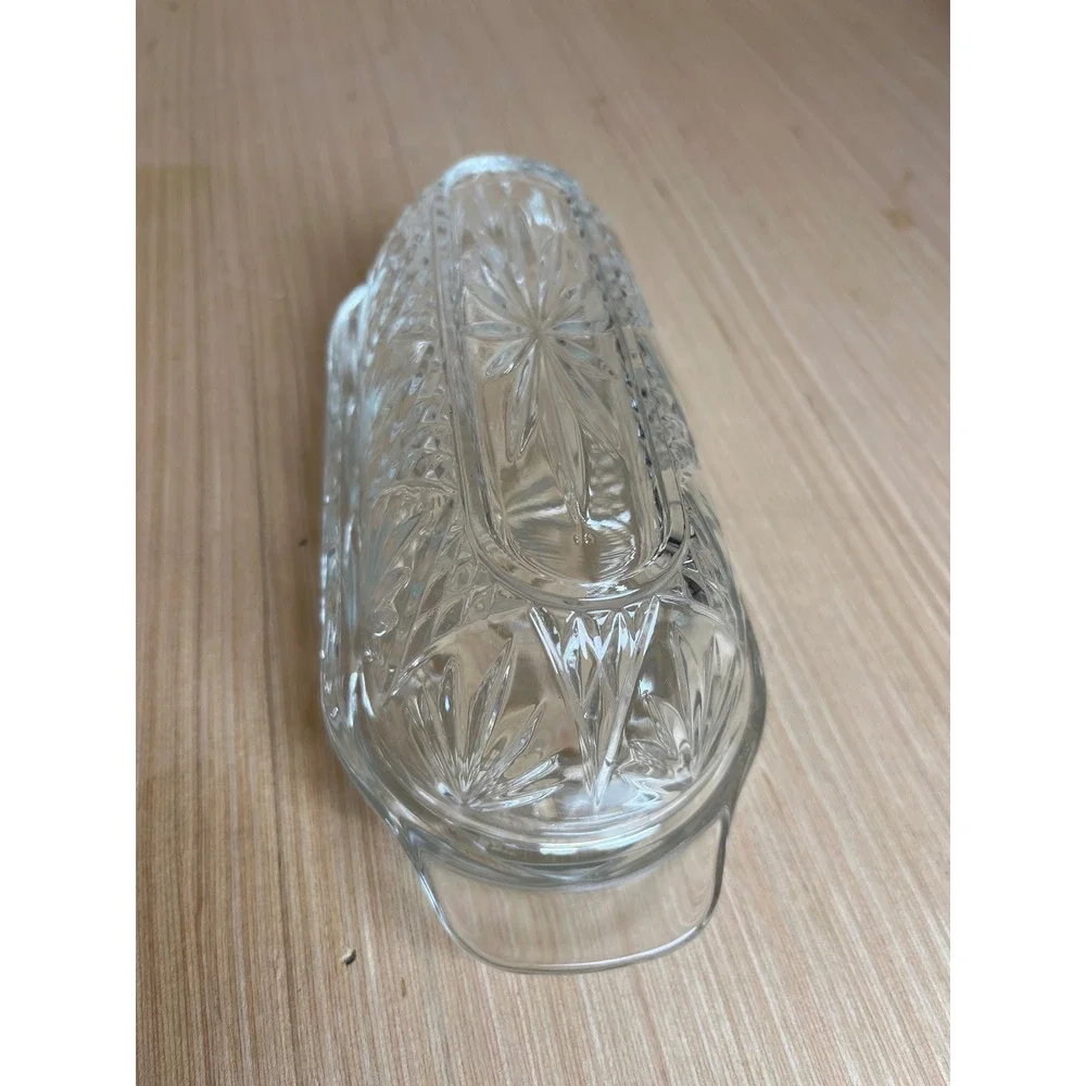 Vintage Clear Pressed Glass Butter Dish w/Lid Starburst Diamond Pattern USA MCM